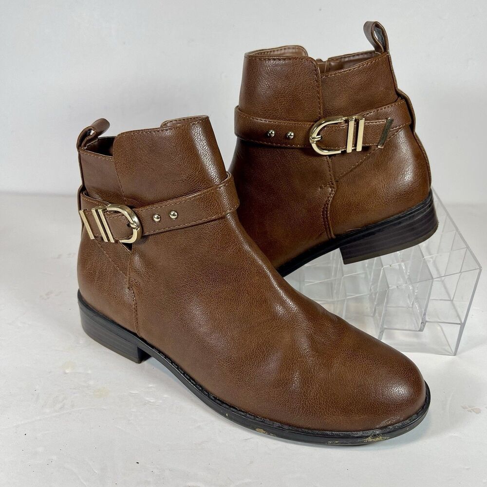 Kelly & Katie Women's Caviler Ankle Boots Brown Faux Leather Buckle Size 7M